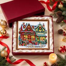 1 Set 36x36cm [14.2x14.2in] Christmas Town Cross Stitch Full Material Kit, 11CT Red & Green House Snowy Street Scene Printed Pattern, Holiday Home Wall Decor Gift - Multicolor - View 5