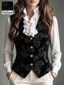 Women's Autumn/Winter Office Daily Wear Inner/Outer Layer Composite Velvet Fabric Embossed Single-Breasted Sleeveless Blazer - Black - View 2
