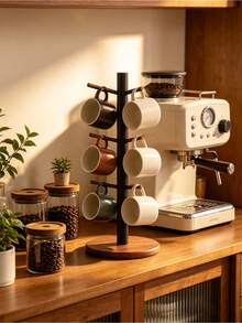 Wooden Mug Tree Holder With 6 Hooks, Countertop Coffee Cup Rack, Kitchen Countertop Wooden Cup Holder, Coffee Bar Teacup Display And Storage Organizer - Multicolor - View 1