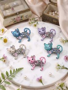 Vintage Floral Cat Brooch With Sparkling Rhinestones - Whimsical Feline Pin For Coat/Bag Decoration & Cat Lover Gifts - Cat (0462) - View 2