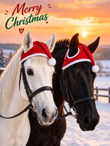 Horse Riding Christmas Decoration Hat, Soft Fleece Fabric With Classic White Trim And Pom Pom Design, Hollow Structure Does Not Affect Horse Movement, Secure And Anti-Slip Fit, Suitable For Christmas Parties, Outdoor Riding And Holiday Photos - Multicolor - View 2