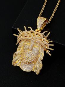 Gold & Silver Dual-Tone Full Rhinestone Crown Jesus Head Pendant Necklace, European & American Hip Hop Twisted Chain Rhinestone Portrait Pendant, Men's Rap Streetwear Accessory, Couple Holiday Gift - Crown Of Thorns Jesus Pendant - View 10
