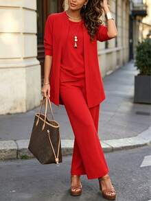 3 Pieces Set: Casual Solid Color Jacket + Round Neck Sleeveless Top + Elastic Waist Straight Leg Pants, Spring/Autumn/Winter Red Elegant Summer - Red - View 2
