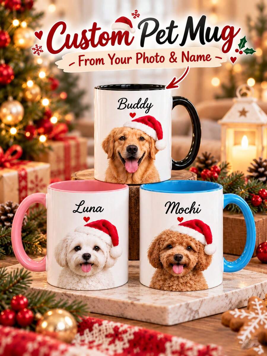 Customized Santa Hat Christmas Ceramic Mug, Personalized Pet Photo Mug, Humorous Dog Mom Gift, Dog Lover Christmas Mug - Multicolor - View 1