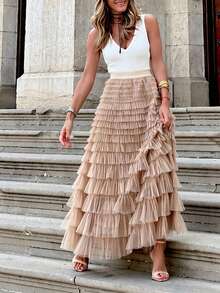 New Fashionable Plus Size Solid Color Versatile Sexy Casual High Waist Mesh Tulle Skirt Spring - Light Brown - View 5
