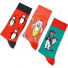 1/3 Pairs Random Color Unisex Christmas Socks, Cartoon Cat & Penguin Gift Pattern, Colorblock Cute Personalized Fashion Party Casual Mid-Calf Socks - Multicolor - View 6