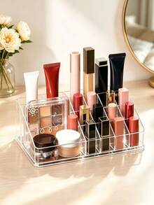 1pc Clear Cosmetic Organizer, Tilted Multi-Layer Makeup Storage Rack For Lipstick, Serums, Brushes, Bathroom & Vanity Display Shelf, Multi-Size Option (9/12/16 Grid) - Clear - View 9
