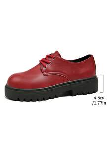 Women's British Style Metal Buckle Thick Sole Loafers, Height-Increasing Chunky Heel Slip-On Matte Leather Shoes - Red - View 2