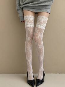 Women's Black Hollow Lace Over-The-Knee Socks, High Elasticity Anti-Slip, French Sexy High Heel Matching Long Socks - Multicolor - View 5