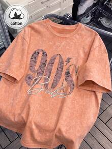 Women's 90s Vintage Print T-Shirt, Casual Short Sleeve Crew Neck Washed Top (Suitable For All Seasons), Orange, Women's Autumn Clothing Summer - Orange - View 11