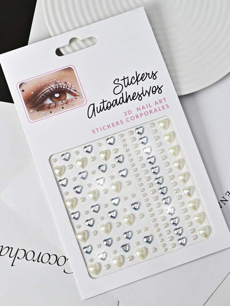 2 Sheets Self Adhesive Wedding Face Pearl Stickers, White Faux Pearl & Iridescent Heart Rhinestone Eye Jewels, 3D Shiny Face Body Gems Stickers For Bridal, Festival, Rave Party - Multicolor - View 9