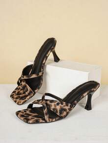 Elegant Women's High Heel Sandals, Leopard Print Upper, Open Toe Kitten Heel Slippers, Suitable For Party, Vacation - Brown - View 8