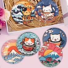2D6pcs Japanese Cat & Mount Pattern Wooden Coasters, Floral Coffee Cup Mats, Suitable For Home And Restaurant Multiple Occasions, Beautiful Holiday Gift Home Decor - View 6