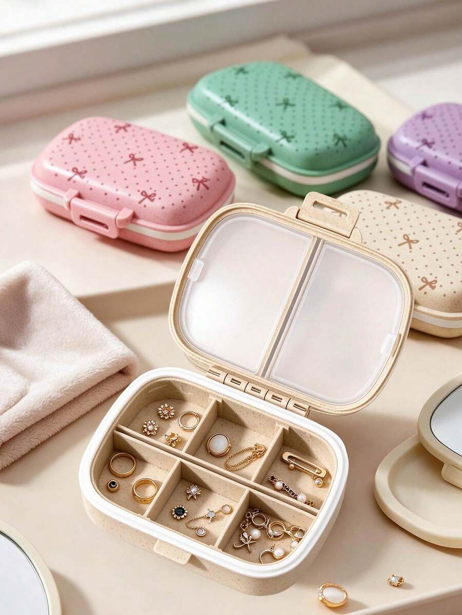 Cute Bow Polka Dot Portable Storage Box, Wheat Straw Multi-Compartment Pill Box, Reusable Pocket-Sized Daily Medicine Organizer, Travel Jewelry Storage Box, Can Hold Earrings, Rings And Small Accessories, Lightweight Mini Container, Suitable For Halloween, Thanksgiving, Christmas, Holiday Gifts, Home And Travel Use - Multicolor - View 1