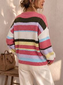 Just Masa Women's Autumn/Winter Casual Multi-Color Striped Patchwork Knit Cardigan, Long Sleeve V-Neck Loose Ribbed Knit Jacket, Suitable For Daily Wear, Outings, Christmas - Colorful Stripes - View 6