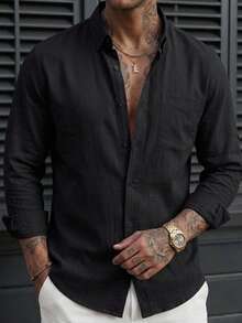Men's Casual Single-Breasted Long Sleeve Shirt For Business Office - Black - View 4