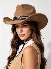 1pc Women Western Cowboy Hat, Bull Head Rivet Belt Decor Wide Brim Hat With Wind Rope, Vintage Cowgirl Hat For Daily Party - Top Hat - View 2