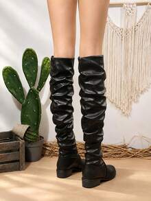 Women's Pointed Toe Chunky Heel Knee-High Boots, Ruched Slouchy Western Fashion Tall Boots - Black - View 3