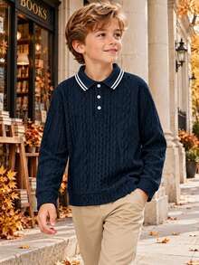 Tween Boy Casual Elegant Fashionable Handsome Textured Jacquard Fabric Long Sleeve POLO Shirt Suitable For Spring/Summer Seasons Back To School Daily Outings Vacation - Navy Blue - View 4