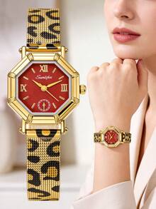 1pc Vintage Red Octagonal Light Luxury Quartz Watch For Women, Featuring A Gold Alloy Case And A Leopard-Print Metal Mesh Strap,Daily Wear& As A Gift - Red - View 2