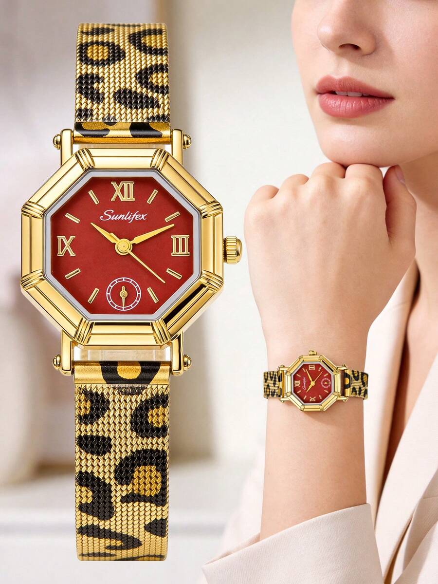 1pc Vintage Red Octagonal Light Luxury Quartz Watch For Women, Featuring A Gold Alloy Case And A Leopard-Print Metal Mesh Strap,Daily Wear& As A Gift - Red - View 1