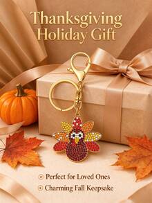 Turkey Keychain, Thanksgiving Turkey Pendant, Sparkling Rhinestone Key Chain, Gold Metal Key Ring, Autumn Bag Decoration, Car Key Charm, Thanksgiving Holiday Gift - Multicolor - View 5