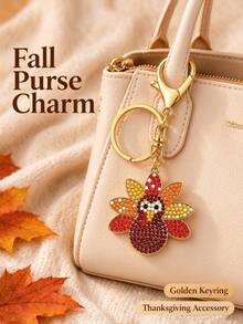 Turkey Keychain, Thanksgiving Turkey Pendant, Sparkling Rhinestone Key Chain, Gold Metal Key Ring, Autumn Bag Decoration, Car Key Charm, Thanksgiving Holiday Gift - Multicolor - View 1