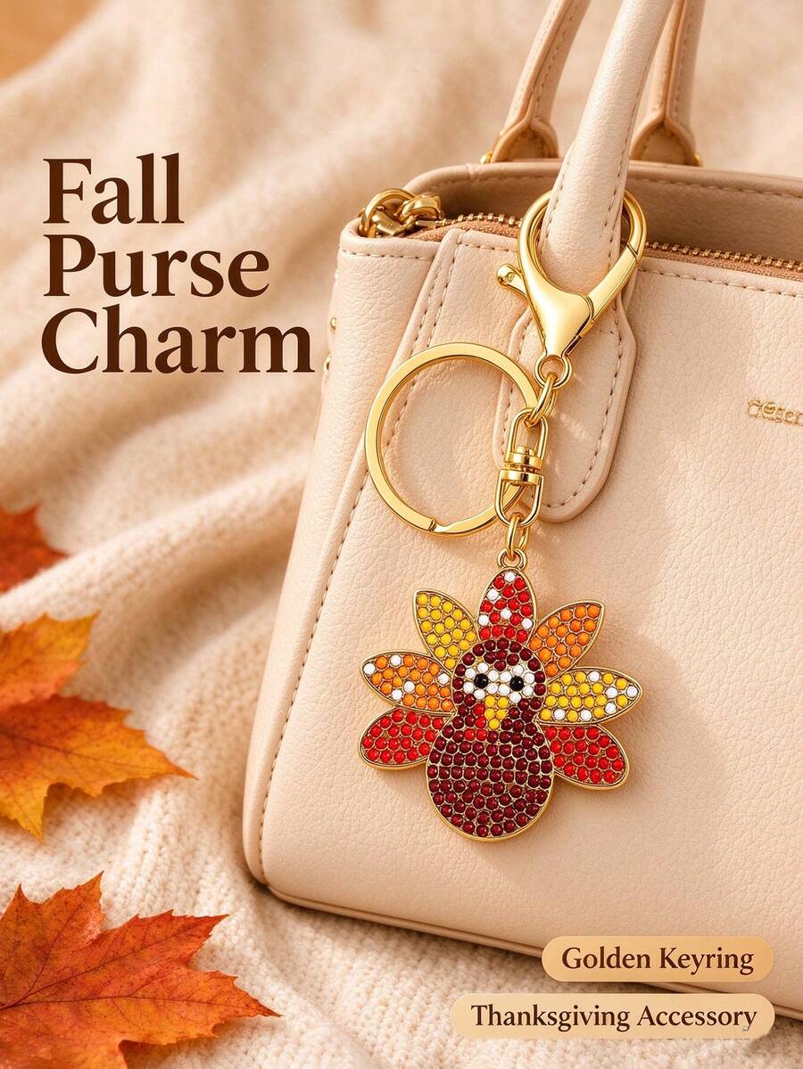 Turkey Keychain, Thanksgiving Turkey Pendant, Sparkling Rhinestone Key Chain, Gold Metal Key Ring, Autumn Bag Decoration, Car Key Charm, Thanksgiving Holiday Gift - Multicolor - View 1