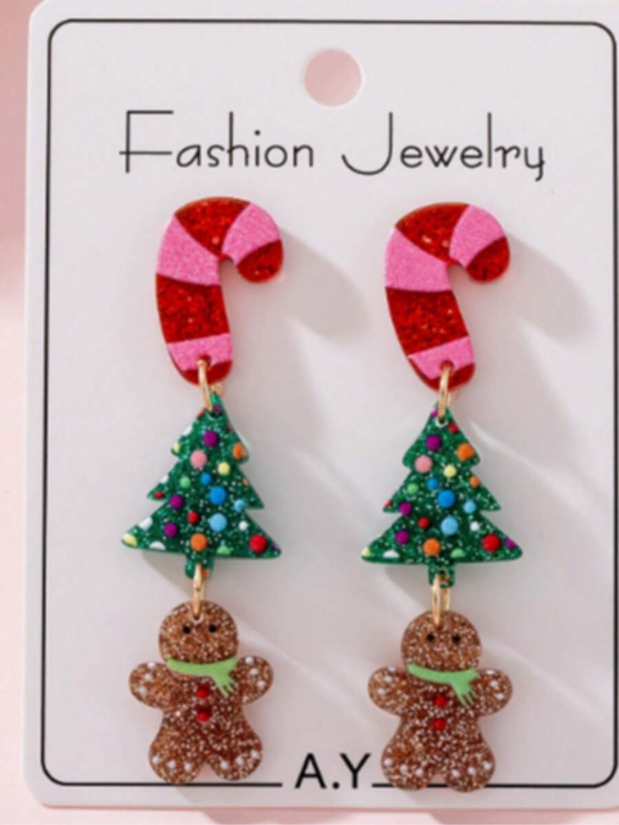 1pc European & American Christmas Series Gingerbread Man Acrylic Fashion Christmas Tree Gift Earrings - Multicolor - View 1