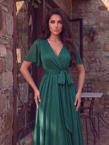 Elegant Green Bridesmaid Dress With Flounce Short Sleeves, Overlap Collar, And Belted Long Skirt, Perfect For Formal Parties And Prom - Dark Green - View 7