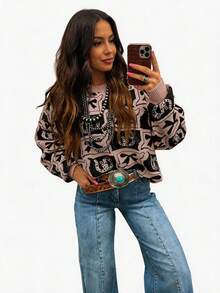 Acelitt Women's Fashionable Brown Western Style Contrast Color Loose Knit Sweater, Winter - Multicolor - View 1