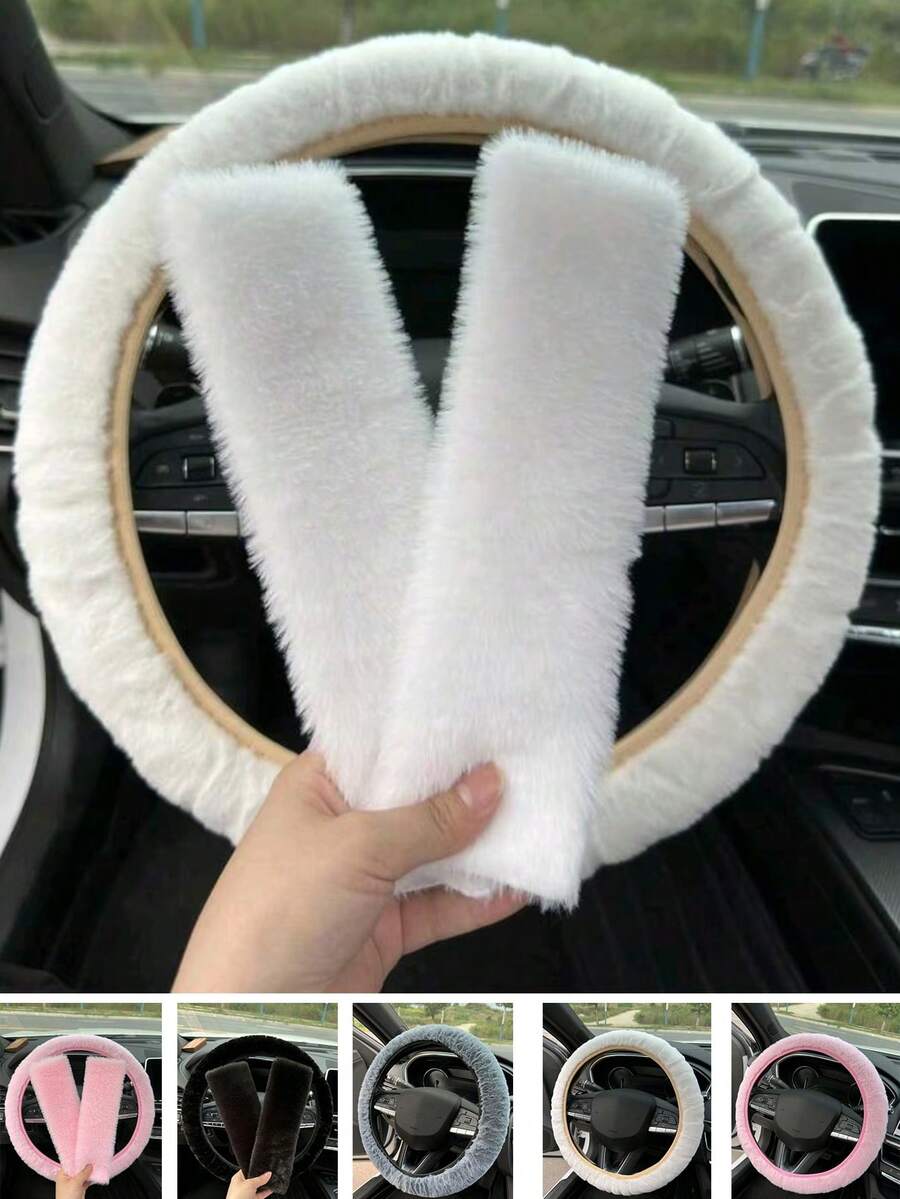 3 Piecescar Plush Steering Wheel Cover And Shoulder Pad Set, A Three Pieces Combination, Suitable For Spring, Autumn, And Winter Use. - A - View 1