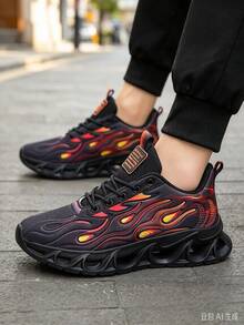 Men's Flame Print Blade Sole Sports Shoes, Thick Sole Height-Increasing Casual Chunky Sneakers With Lace-Up - Black - View 5