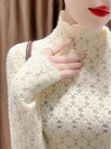 Women's New Autumn/Winter Brushed Lace Layering Base Top, High-End Semi-High Neck Blouse - Apricot - View 1