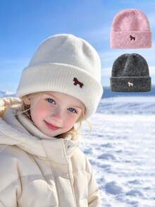 Korean Style Kids Embroidered Cartoon Pony Knit Beanie Hat, Unisex Toddler Baby Cold Weather Cap, Versatile Autumn/Winter - Multicolor - View 1