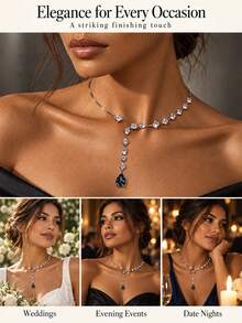 outingfit 1pc Elegant Rhinestone Open Collar Necklace, Blue Teardrop Pendant Women's Neck Accessory, Suitable For Wedding, Party And Evening Banquet - Water Drop - View 5