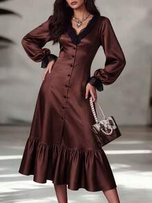 Women's Elegant Satin Midi Dress, V-Neck Black Lace Trim Lantern Long Sleeve Front Button Ruffle Hem Formal Party Gown - Brown - View 6
