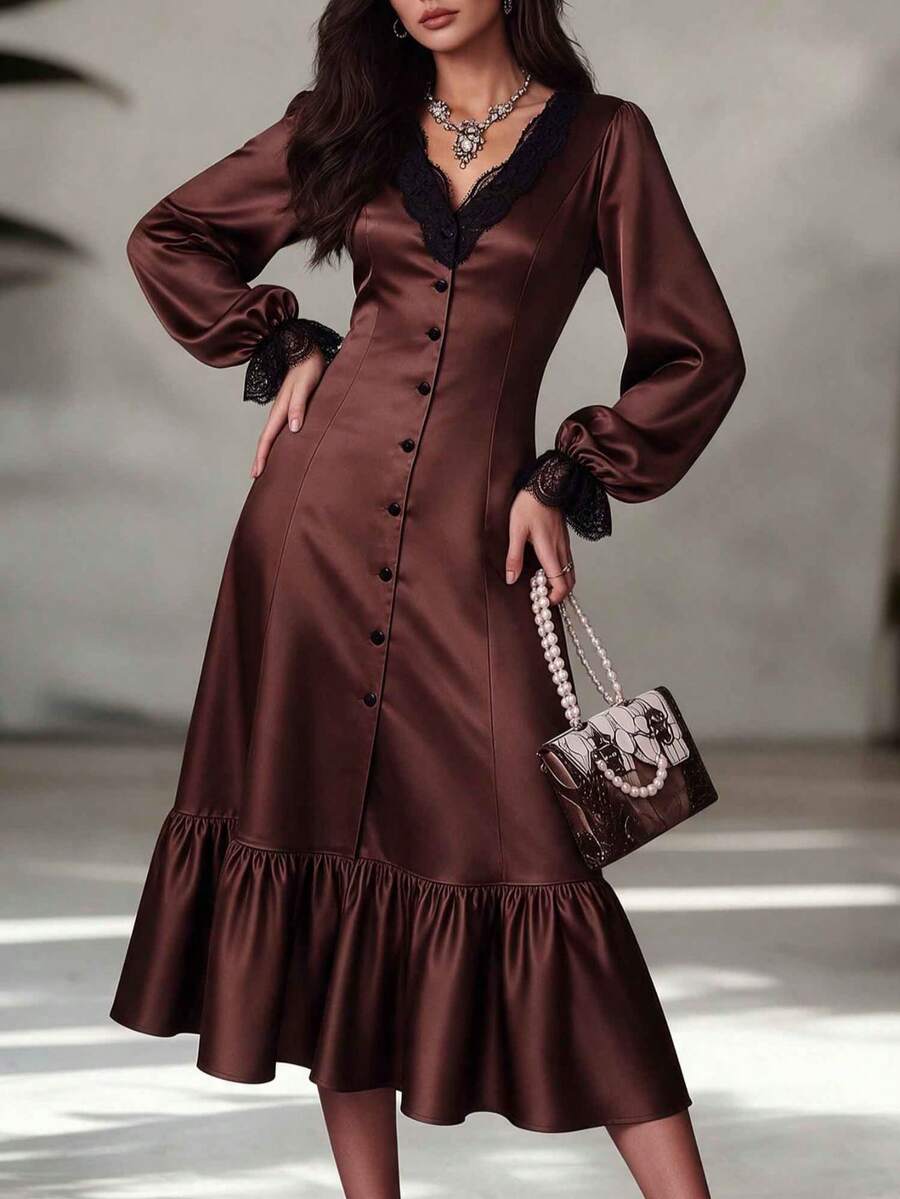 Women's Elegant Satin Midi Dress, V-Neck Black Lace Trim Lantern Long Sleeve Front Button Ruffle Hem Formal Party Gown - Brown - View 1
