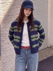 Women's Autumn/Winter Casual Minimalist Retro Colorblock Striped Crew Neck Cardigan Jacket - Navy Blue - View 1