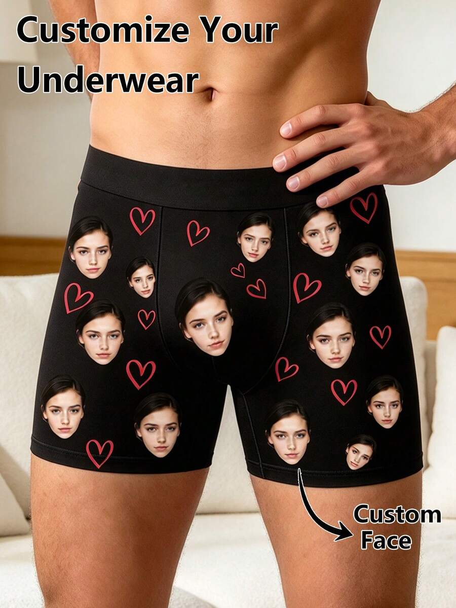 1pc Customized Photo Men's Boxer Briefs, Personalized Wife Face Photo Heart Print, Humorous Creative Gift, Birthday Gift For Husband/Boyfriend - Multicolor - View 1