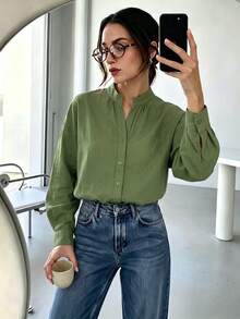 Women's Casual Solid Button Front Stand Collar Long Sleeve Button Cuff Relaxed Fit Shirt Business Office Home Vacation Daily Spring Autumn Winter - Army Green - View 8