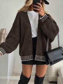 Women's Frenchy Old Money Style Elegant Loose Knit Coffee Brown & White Striped Contrast Trim Ribbed Lantern Sleeve Pullover Sweater Streetwear - Coffee Brown - View 9