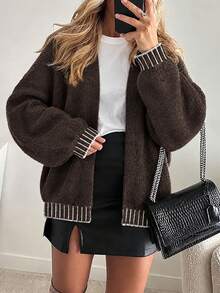 Women's Frenchy Old Money Style Elegant Loose Knit Coffee Brown & White Striped Contrast Trim Ribbed Lantern Sleeve Pullover Sweater Streetwear - Coffee Brown - View 10