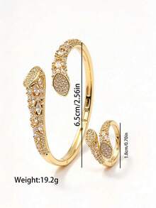 1set Luxury Marquise Copper Zirconia Bracelet & Ring Set,Gold Plated Split Curved Bangle For Daily Commute,Party Birthday Engagement Dating Gift Jewelry - Gold - View 7