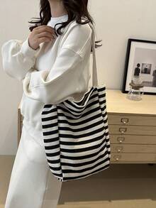 時尚復古條紋帆布托特包，大容量，百搭，適合工作、上學或外出，可作為後背包、帆布包或沙灘包使用 - 黑色 - 查看 5