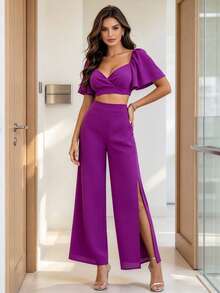 Joyfunear Heart Neckline Butterfly Sleeve Cropped Top + High Waist Split Pants Elegant Summer - Purple - View 1