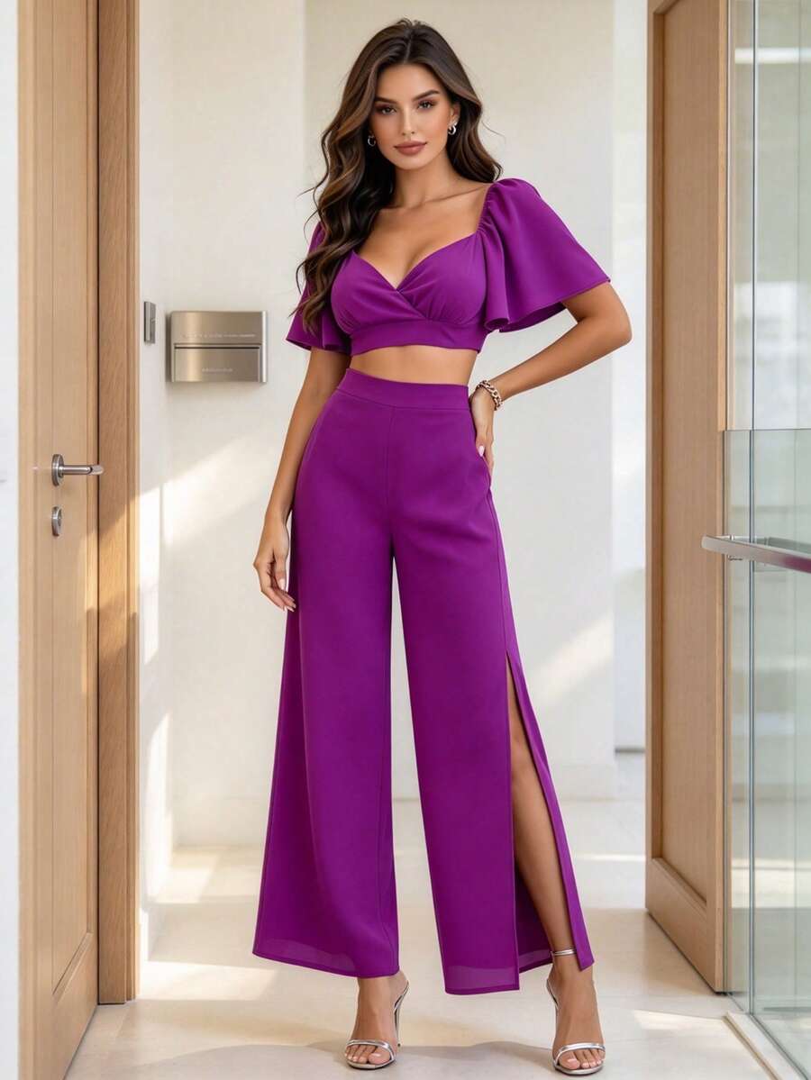 Joyfunear Heart Neckline Butterfly Sleeve Cropped Top + High Waist Split Pants Elegant Summer - Purple - View 1