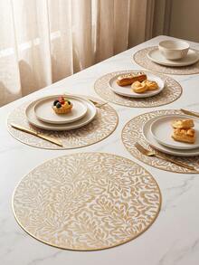 1-6pcs White & Champagne Gold Palm Leaf Pattern Placemats, French Minimalist PVC Embossed Heat-Insulating Table Mats, Valentine's Day Christmas Thanksgiving Decoration Pads - Multicolor - View 1
