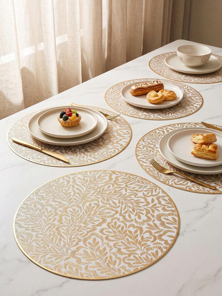 1-6pcs White & Champagne Gold Palm Leaf Pattern Placemats, French Minimalist PVC Embossed Heat-Insulating Table Mats, Valentine's Day Christmas Thanksgiving Decoration Pads - Multicolor - View 1