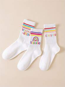 3 Pairs Women's Colorful Striped Mid-Calf Socks, Preppy Casual Tube Socks, Home & Sports Fashion Socks - Multicolor - View 3